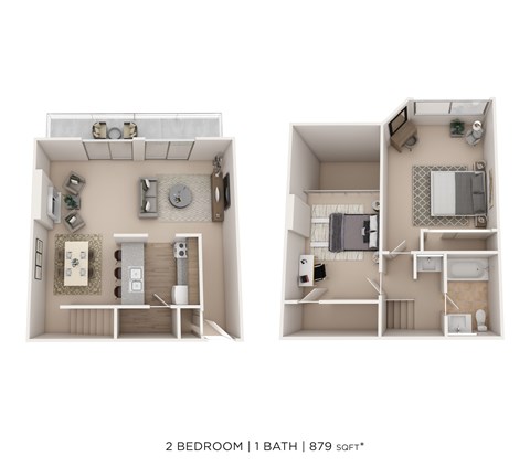 Floor plan for 2 beds, 1 bath, 879 sqft